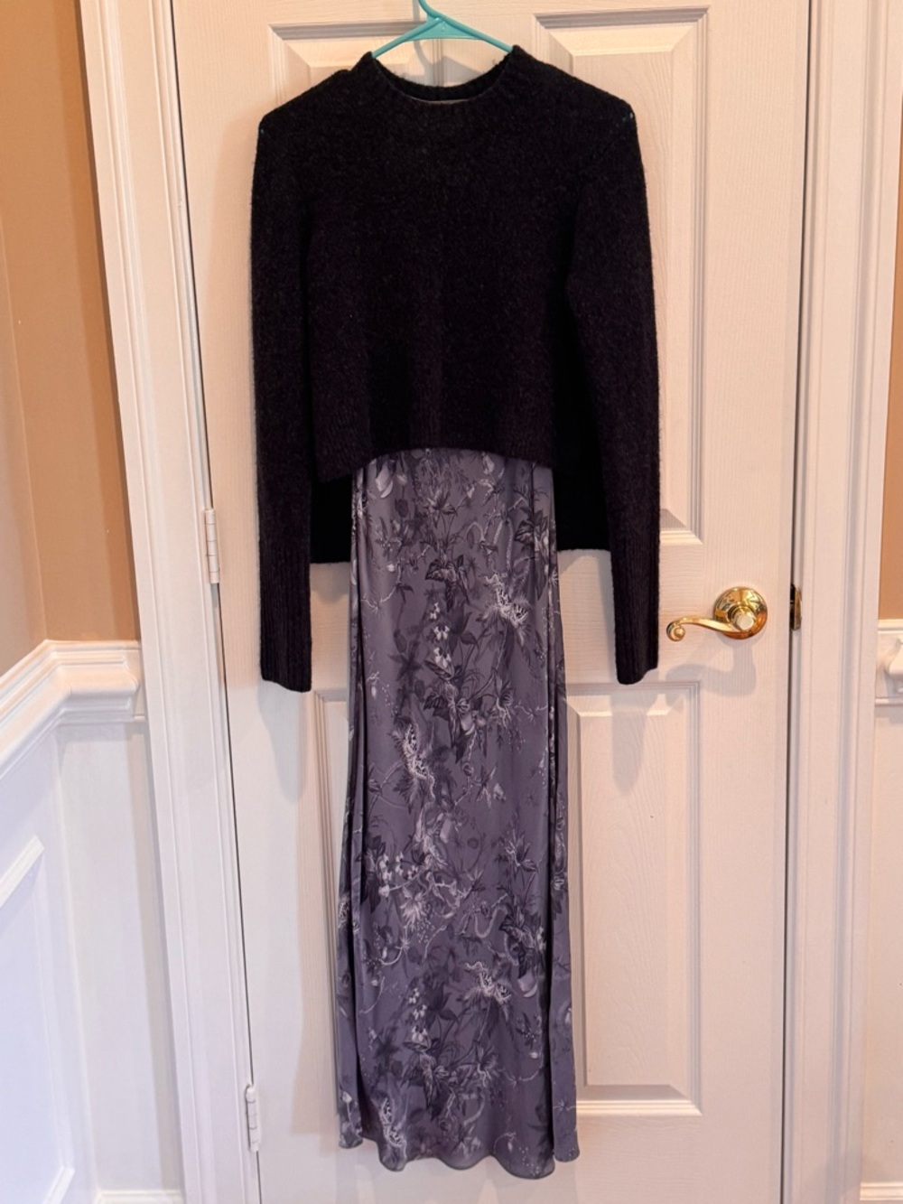 All Saints 2 in 1 sweater dress.  Charcoal sweater and Blue floral slip dress